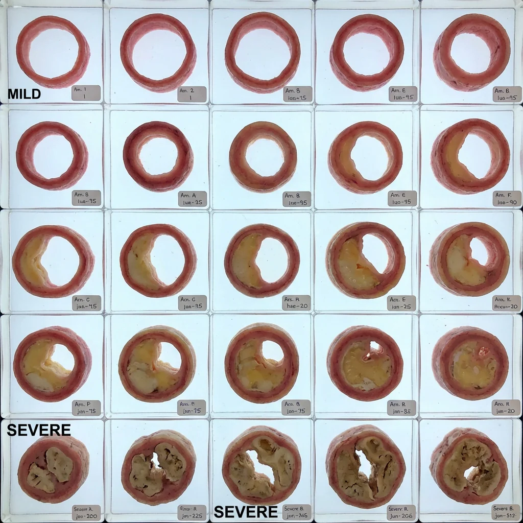 Cross-sections of arteries showing plaque progression from MILD to SEVERE